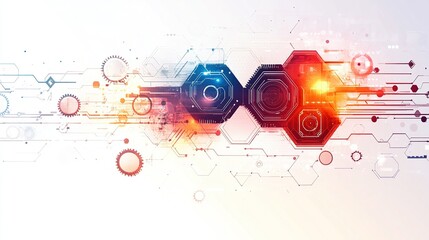 Obraz premium Vector illustration of interlocking gears, hexagons, and circuit board representing hi-tech digital technology and engineering, concept of digital telecommunication technology. Abstract futuristic des