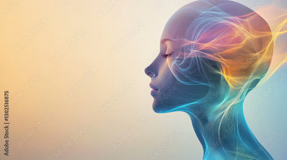 Poster side profile of a human head with colorful, flowing lines representing thoughts or neural activity, 