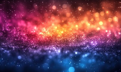 Obraz premium Abstract background with vibrant colors, glittering particles, and bokeh lights. Multicolored lights with blurred bokeh effect