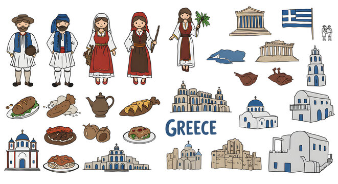 Greece Culture, Food, and Landmarks Illustration