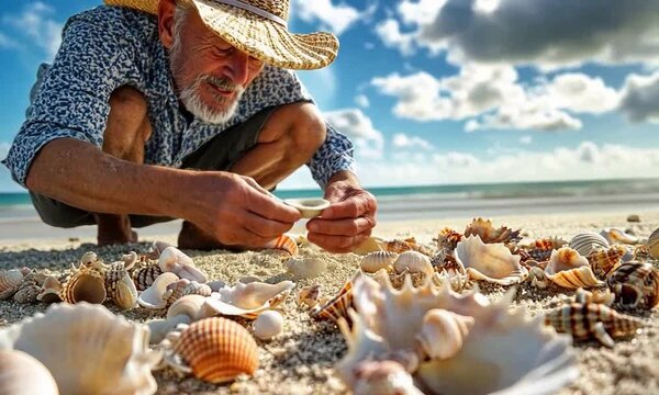 Elderly man collecting seashells on a sunny beach shoreline