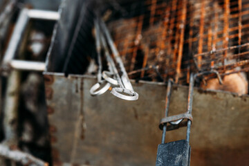 Rusty barbecue grill mesh. Grill after cooking meat. Outdoor barbecue, skewers after cooking kebab....