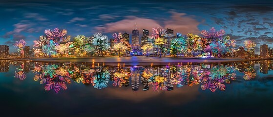 Enchanting city skyline reflection with festive snowflake lights display