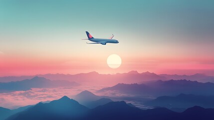 Soaring Heights: An aircraft gracefully ascends against a breathtaking sunset, painting the sky with vibrant hues, soaring above a landscape of majestic mountains.