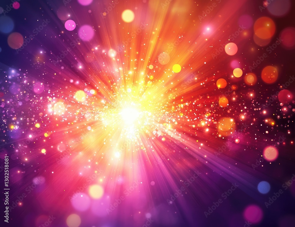 Poster vibrant explosion of light radiating outward with colorful bokeh, creating a dynamic and energetic a