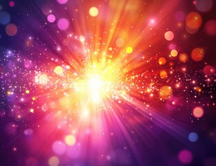 Vibrant explosion of light radiating outward with colorful bokeh, creating a dynamic and energetic atmosphere