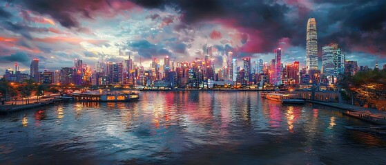 Spectacular cityscape panorama at dusk with vibrant colors reflecting on the water