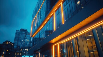 Fototapeta premium Modern office building illuminated at night