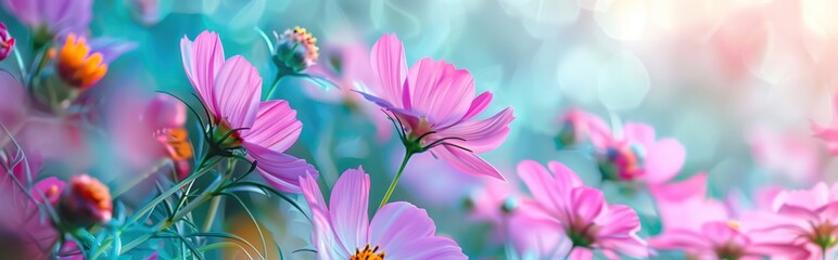 Fototapeta premium Pink flower spring summer bright natural background with colorful cosmos close up shot photography.