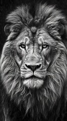 Fototapeta premium A Majestic Male Lion with a Lush Mane in a Black and White Portrait