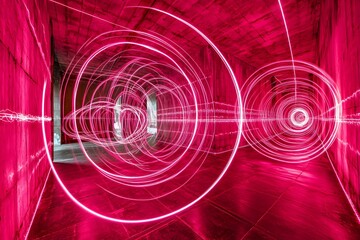 Digital Tunnel of Light: An abstract, digitally rendered tunnel bathed in vibrant pink light, with glowing circular patterns and a sense of futuristic movement and energy.