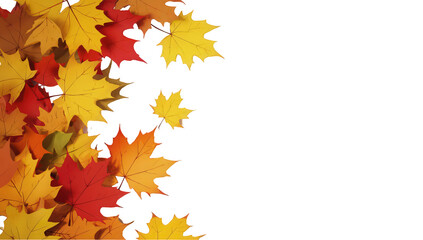 Colorful autumn leaves scattered on a white background, showcasing vibrant yellow, orange, and red hues.