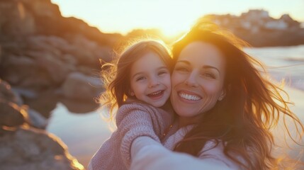 A joyful mother and daughter take a selfie at the beach, capturing a special moment on mother's day