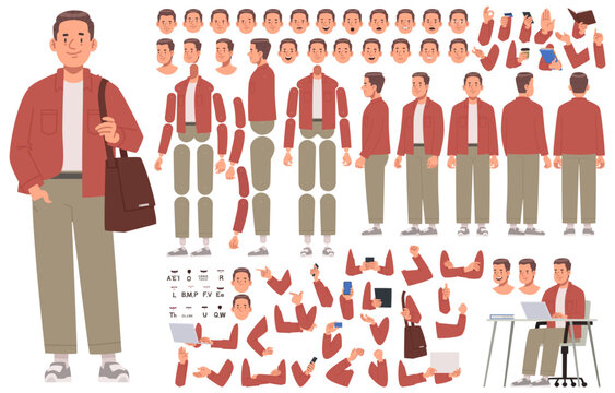Happy young man character constructor. Casual guy. Set of hands legs body and head positions for creating animation