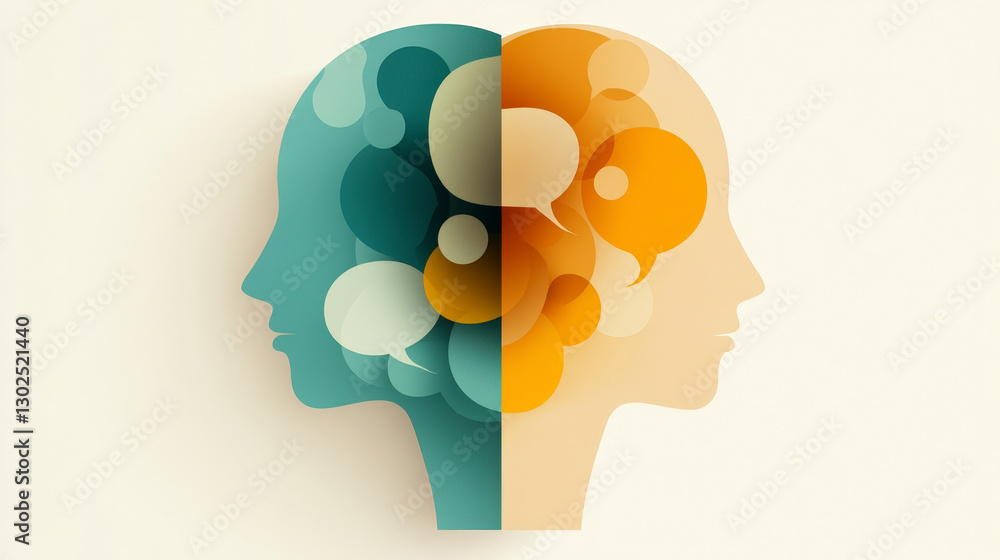 Poster enhance communication skills with dynamic artwork depicting colorful overlapping speech bubbles in s