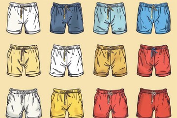 A vibrant collection of colorful swim trunks displayed in a grid pattern against a light background