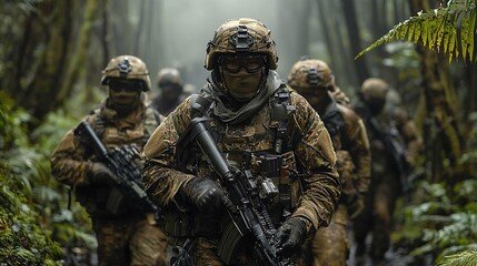 Obraz premium Soldiers in camouflage uniforms patrol a dense jungle.