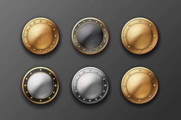 Six metallic shields in gold, silver, and black arranged on a dark background, showcasing different textures and finishes