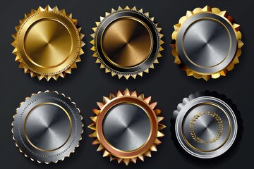 Six distinct medal designs featuring gold, silver, and bronze finishes on a dark background, suitable for awards