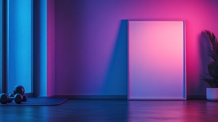 Neon-lit fitness room with blank frame