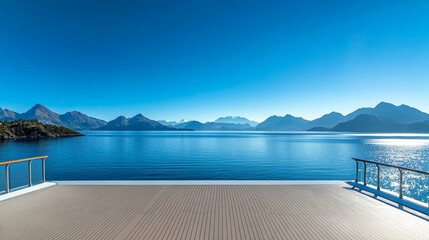 A minimalist abstract background with soft gradients and a large blank space for text Serene Coastal View Ocean Waves Gently Lap at Wooden Deck Under a Summer Sky