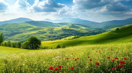 Stunning green european landscape featuring rolling hills and vibrant wildflowers in realistic view