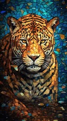 Beautiful Jaguar Animal in Stained Glass on Dark Background Full in Focus