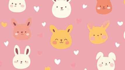 Obraz premium Cute Animal Faces Pattern with Hearts on Soft Pink Background for Kids' Decor