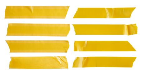 Various Strips of Yellow Adhesive Tape on White Background, Bundle Set Collection, Isolated on Transparent Background