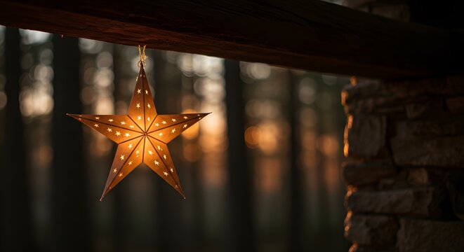 Elegant star lantern hanging in a serene forest setting at dusk with warm light casting a cozy glow on natural surroundings. Generative AI - Powered by Adobe