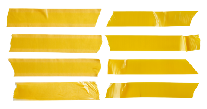 Various Strips of Yellow Adhesive Tape on White Background, Bundle Set Collection, Isolated on Transparent Background