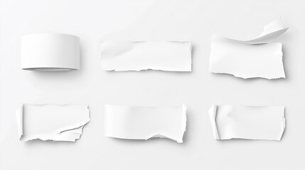 Set of paper different shapes ripped scraps fragments wisps isolated on white. Ripped black and white paper, copy space