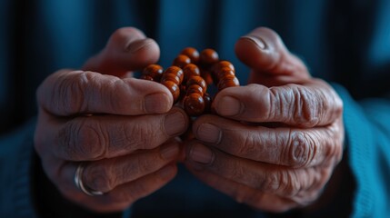 Aged hands hold wooden prayer beads
