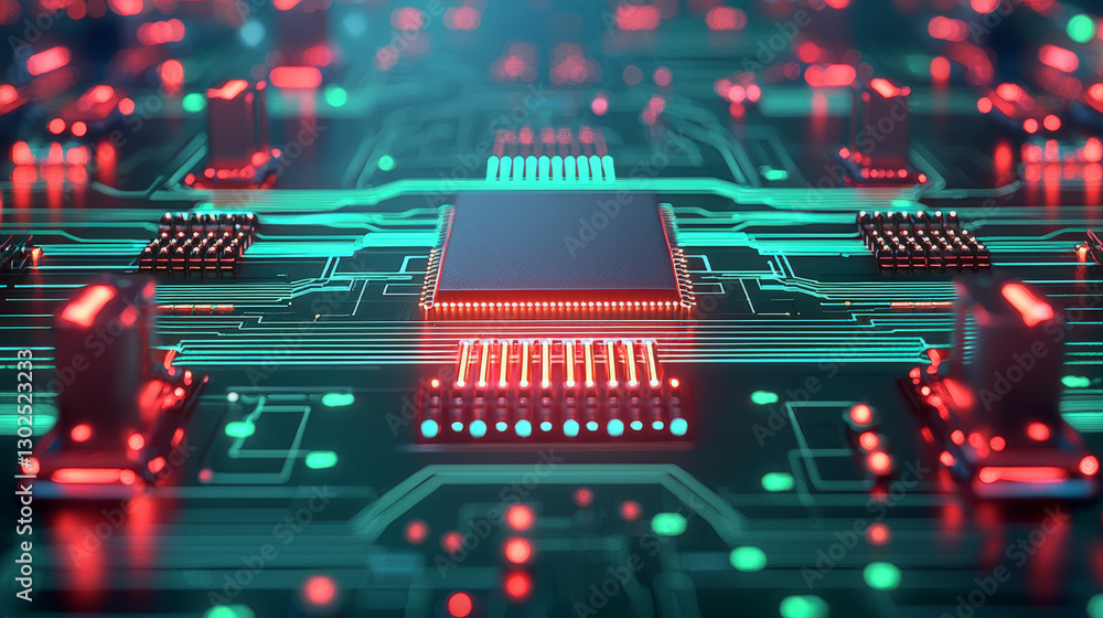 Poster advanced microchip technology powering futuristic circuit board development, showcasing innovation i