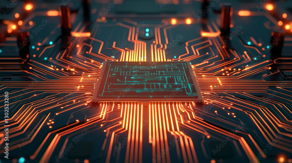 Poster high-tech circuit board showcasing advanced microchip technology, highlighting innovation in electro