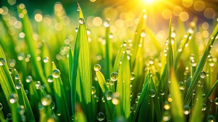 Fototapeta premium Dew-Kissed Spring Grass: Fresh, Juicy Green Blades Close-Up