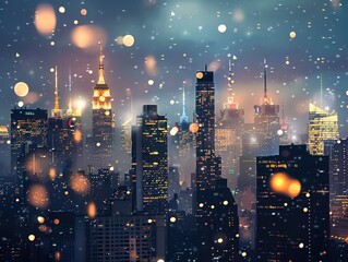 Snowy evening in New York City, showcasing skyline lights and falling snowflakes creating a magical atmosphere