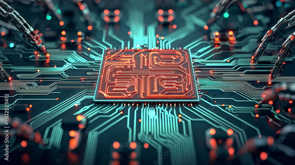 Poster cutting-edge microchip technology depicted with futuristic circuit board design, highlighting advanc