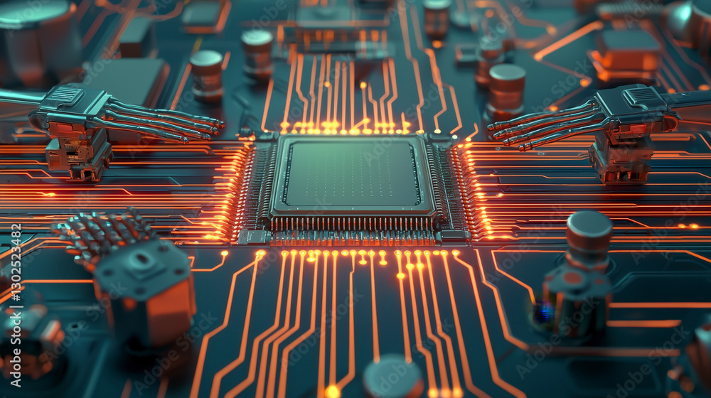 Poster advanced microchip technology showcasing intricate circuitry and connections, highlighting innovatio