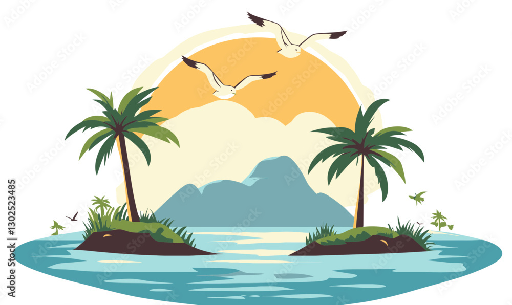 Poster minimalist island scene with palm trees and birds in sea - flat vector style for serenity and escape