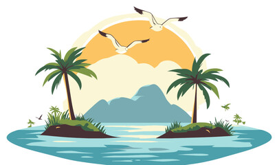 Obraz premium Minimalist Island Scene with Palm Trees and Birds in Sea - Flat Vector Style for Serenity and Escape