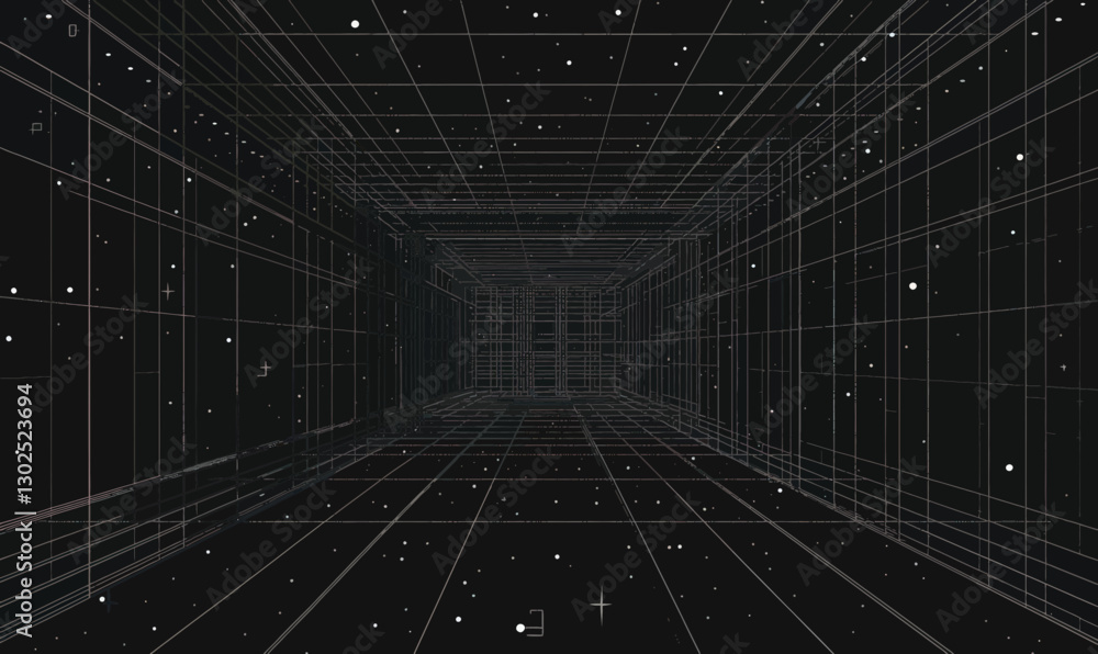 Aufkleber y2k retro futuristic grid background with cyberpunk wireframe elements in black and white