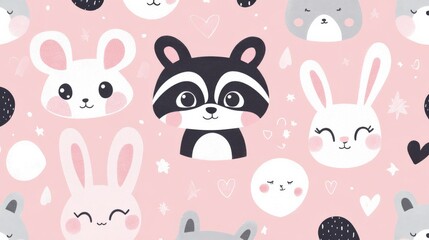 Cute Cartoon Animals on Pink Background for Children’s Decor and Textiles