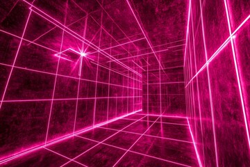 Obraz premium Neon Grid: A vibrant pink neon grid illuminates a stark, minimalist interior space. Intricate lines of light create a hypnotic, abstract pattern.