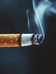 Smoldering cigarette with wisps of smoke against a dark backdrop