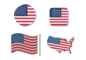 USA flag illustration set. Los Angeles and New York symbol. English language sign. Round, square, waving rectangle and American map shape vector banner