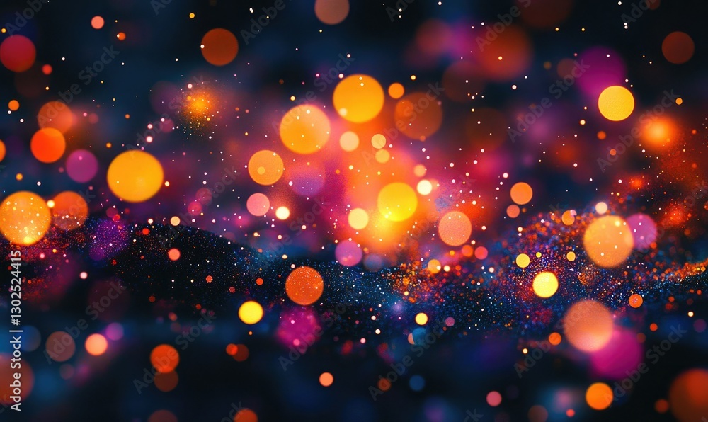 Poster Abstract bokeh background featuring vibrant multicolored circles and sparkling particles on a dark background, showcasing a dynamic and festive atmosphere