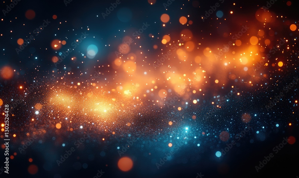 Poster abstract background with vibrant orange and blue bokeh lights and glitter particles on dark backgrou
