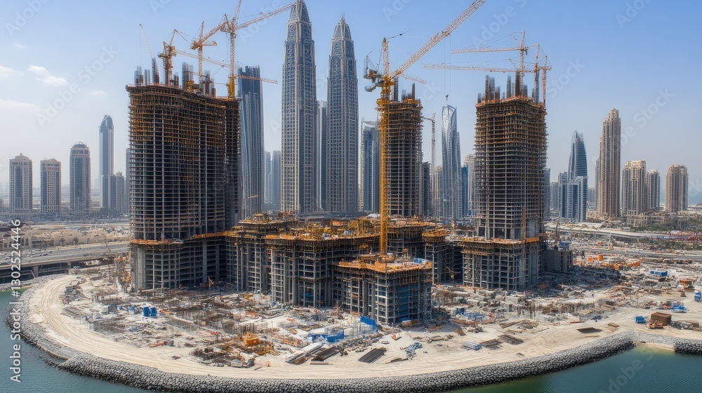 Poster a cityscape view showing a cluster of high-rises under construction with cranes at work.