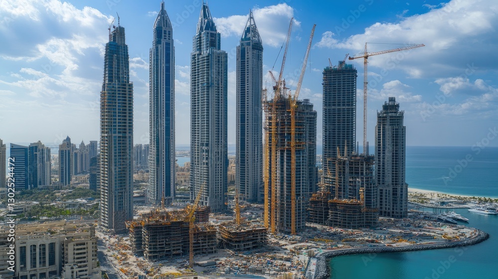 Poster a cityscape view showing a cluster of high-rises under construction with cranes at work.